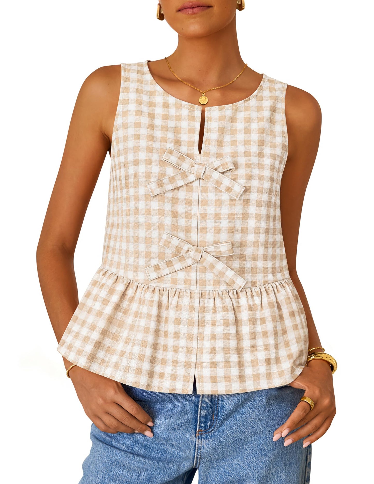 ZESICA Women's Summer Sleeveless Gingham Tank Tops 2026 Crewneck Tie Front Top Loose Ruffle Peplum Babydoll Blouses
