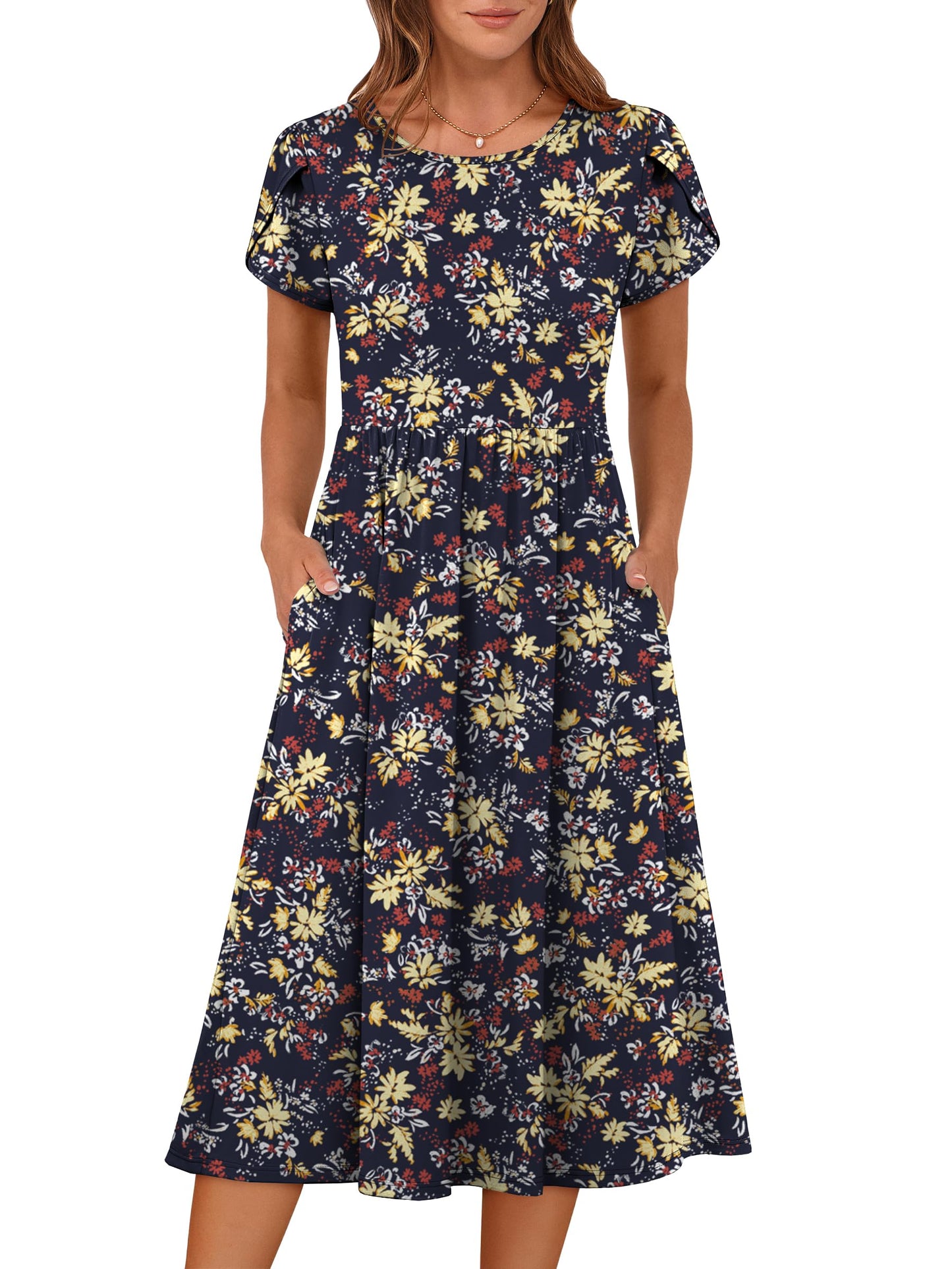 ANRABESS Women's Summer Short Sleeve A-Line Midi Dresses Casual Floral T-Shirt Dresses Flowy Beach Sundress with Pockets