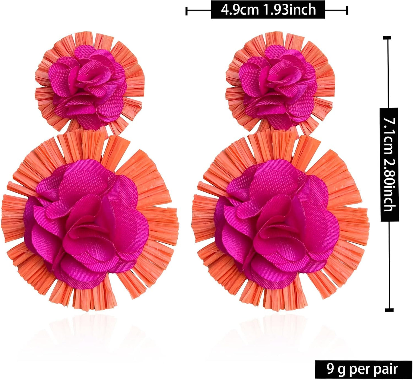 Raffia Flower Earrings Raffia Straw Wrapped Hot Pink Flower Drop Dangle Earrings Summer Tropical Beach Jewelry