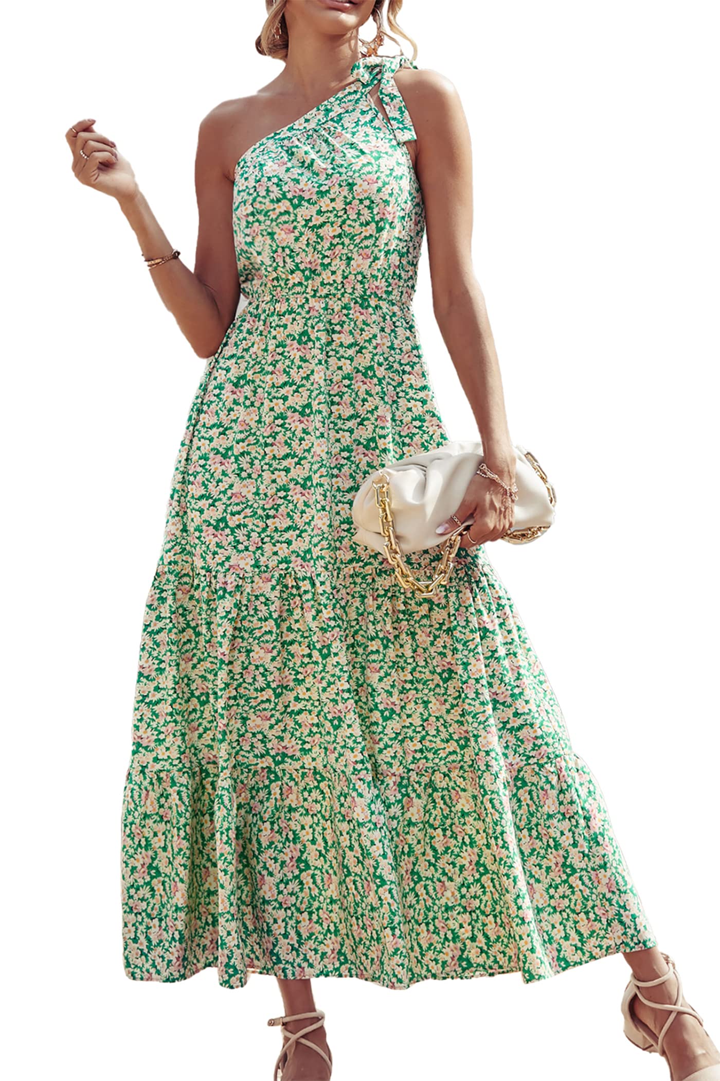 PRETTYGARDEN Women's One Shoulder Boho Floral Maxi Dress | Sleeveless Tiered A Line, Long Flowy Sundress, Tie Knot Summer Vacation Dresses, Spring Wedding Guest Outfits for Beach Party