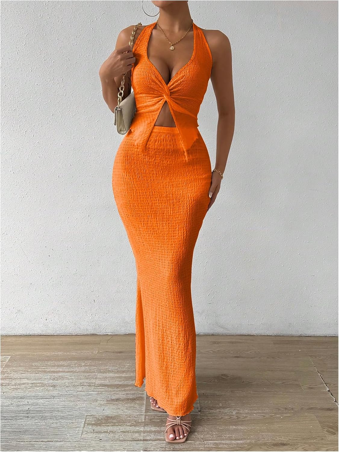 SOLY HUX Women's 2 Piece Outfit Twist Front Halter Cami Skirt Summer Set | Summer Vacation Outfits, Maxi Skirt Set