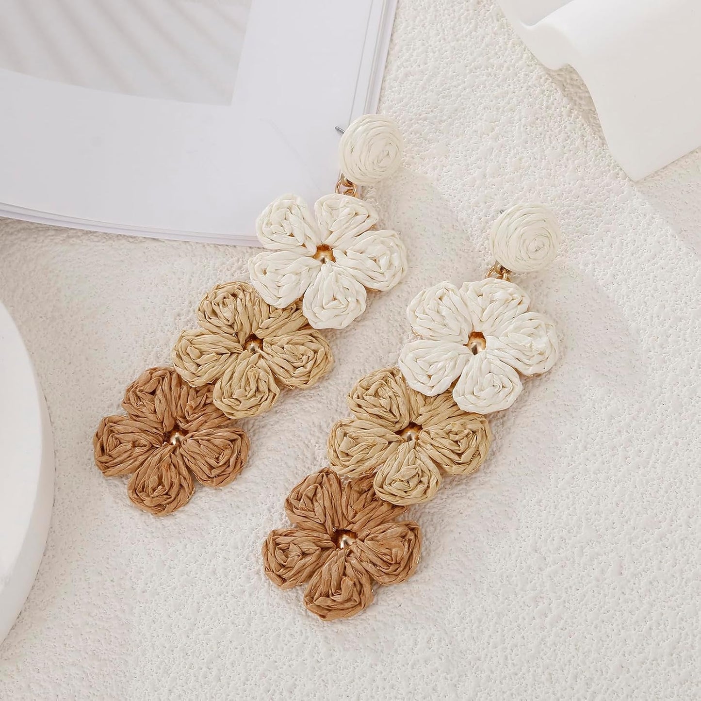 RUOFFETA Raffia Flower Earrings, Raffia Straw Wrapped Flower Drop Dangle Earrings Summer Tropical Beach Jewelry