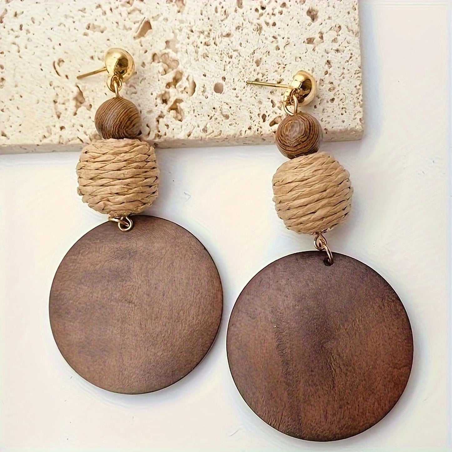 Brown Wooden Boho Dangle Earrings for Women, African Earrings | Lightweight Wooden Statement Earrings with Raffia Accents and African Boho Style for Summer Vacation and Everyday Wear
