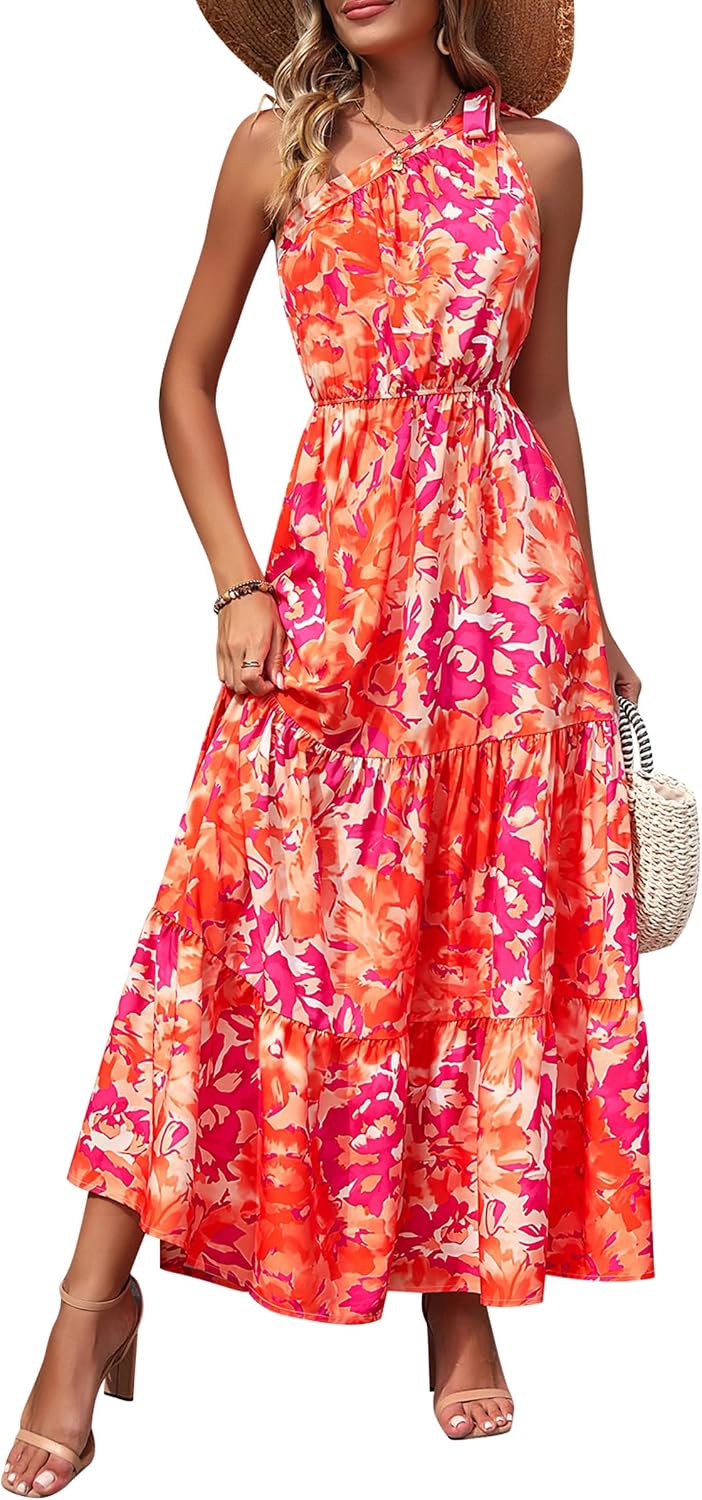 PRETTYGARDEN Women's One Shoulder Boho Floral Maxi Dress | Sleeveless Tiered A Line, Long Flowy Sundress, Tie Knot Summer Vacation Dresses, Spring Wedding Guest Outfits for Beach Party