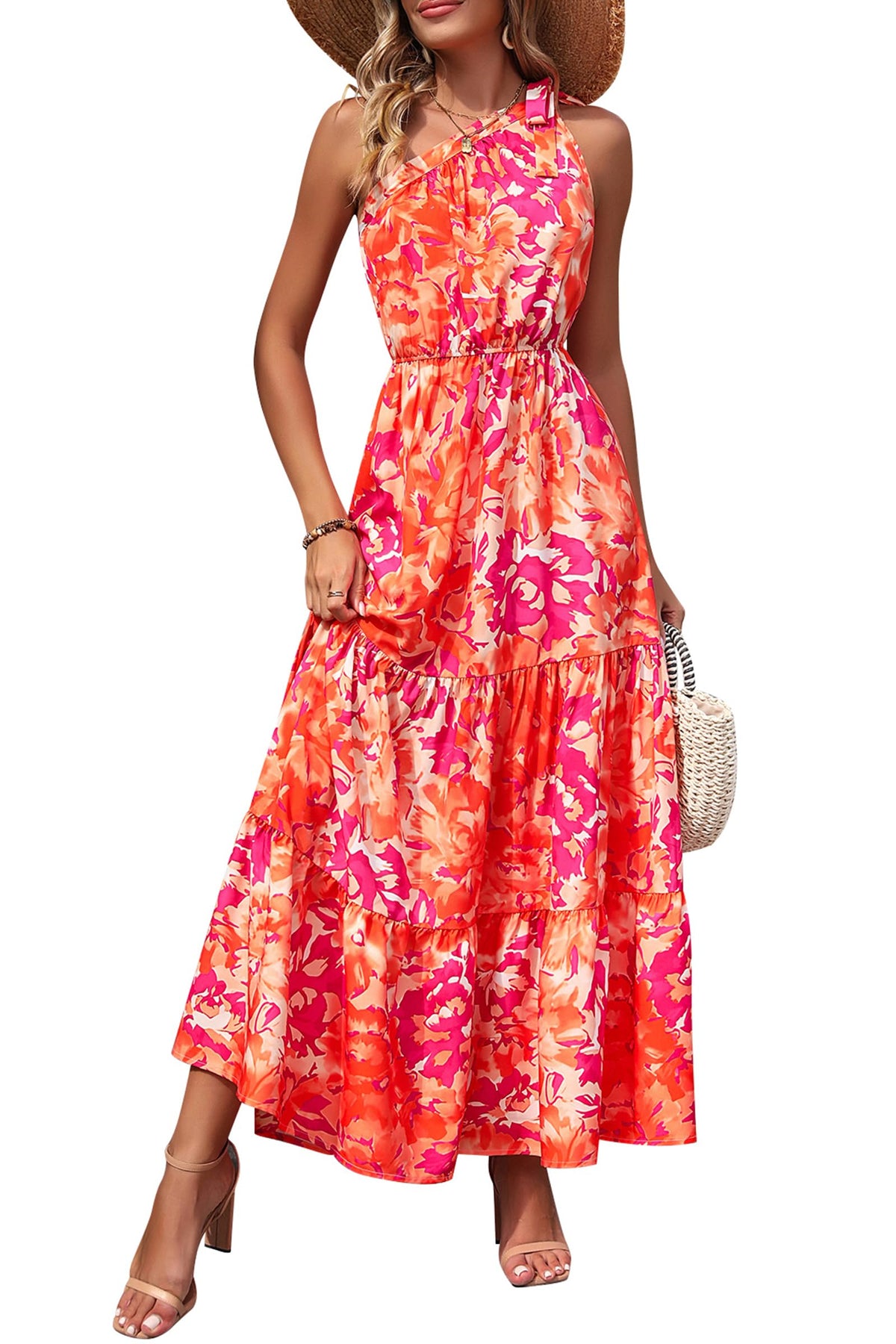 PRETTYGARDEN Women's One Shoulder Boho Floral Maxi Dress | Sleeveless Tiered A Line, Long Flowy Sundress, Tie Knot Summer Vacation Dresses, Spring Wedding Guest Outfits for Beach Party