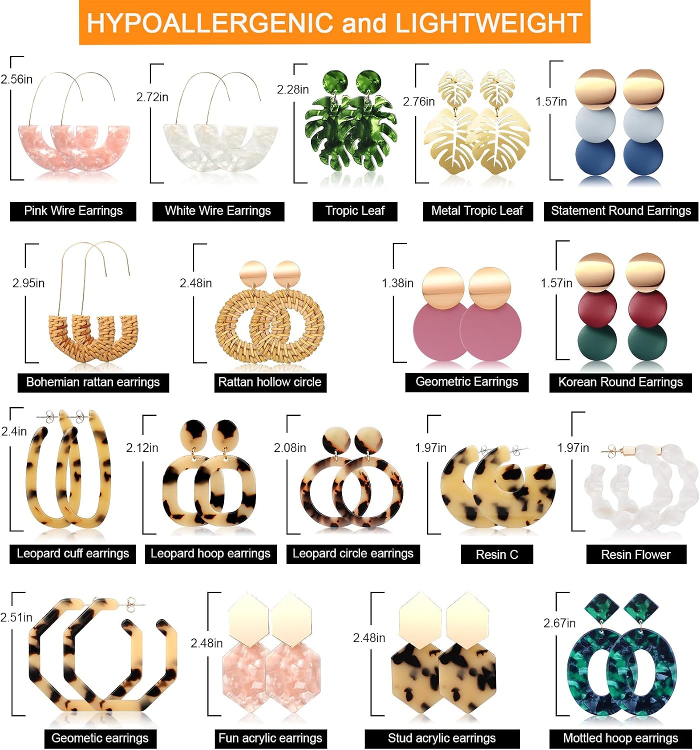 18 Pairs Vacation Statement Earrings for Women Straw Rattan Earrings Acrylic Resin Hoop Drop Dangle Earrings Set Hypoallergenic for Sensitive Ears