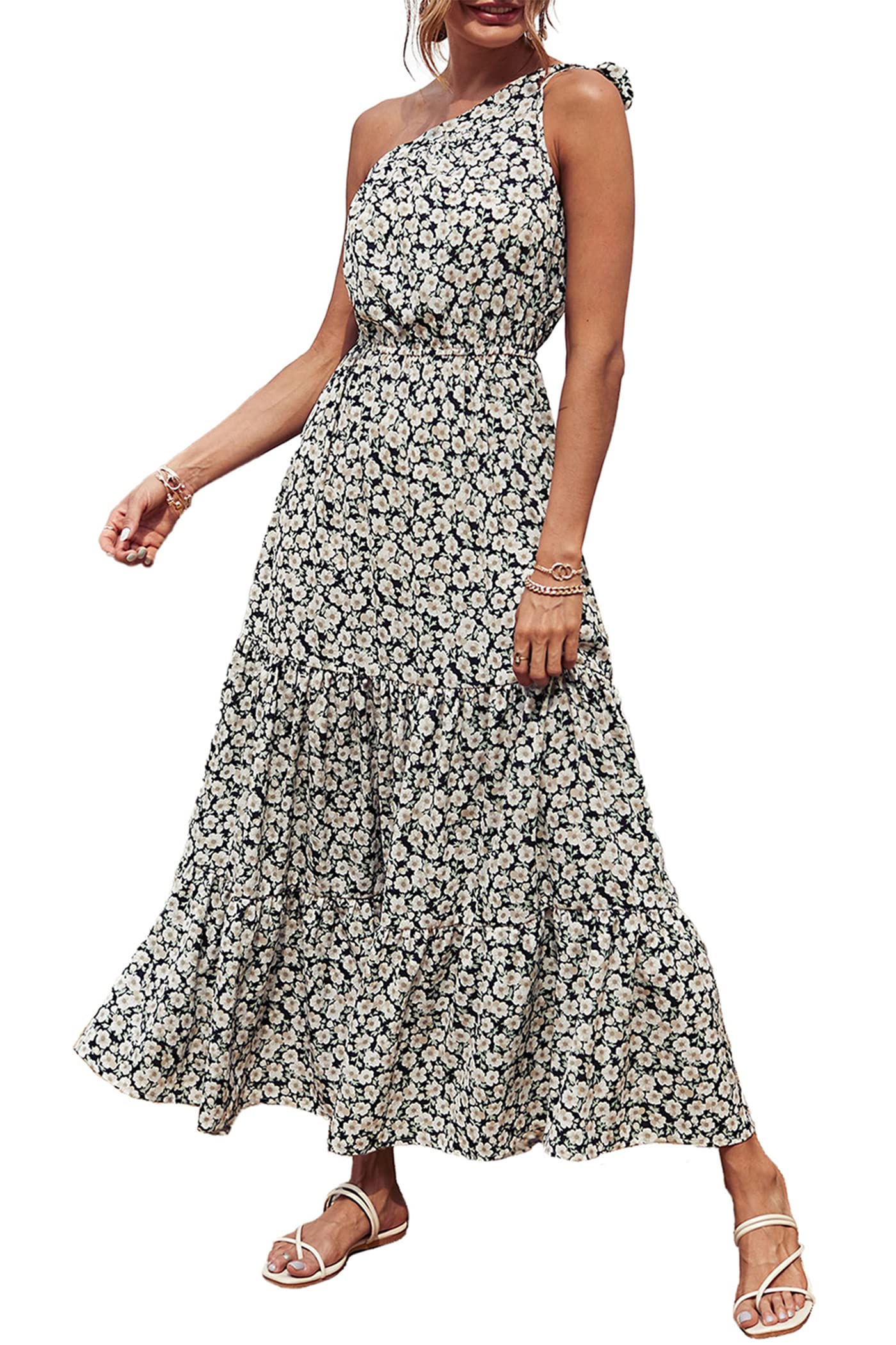 PRETTYGARDEN Women's One Shoulder Boho Floral Maxi Dress | Sleeveless Tiered A Line, Long Flowy Sundress, Tie Knot Summer Vacation Dresses, Spring Wedding Guest Outfits for Beach Party