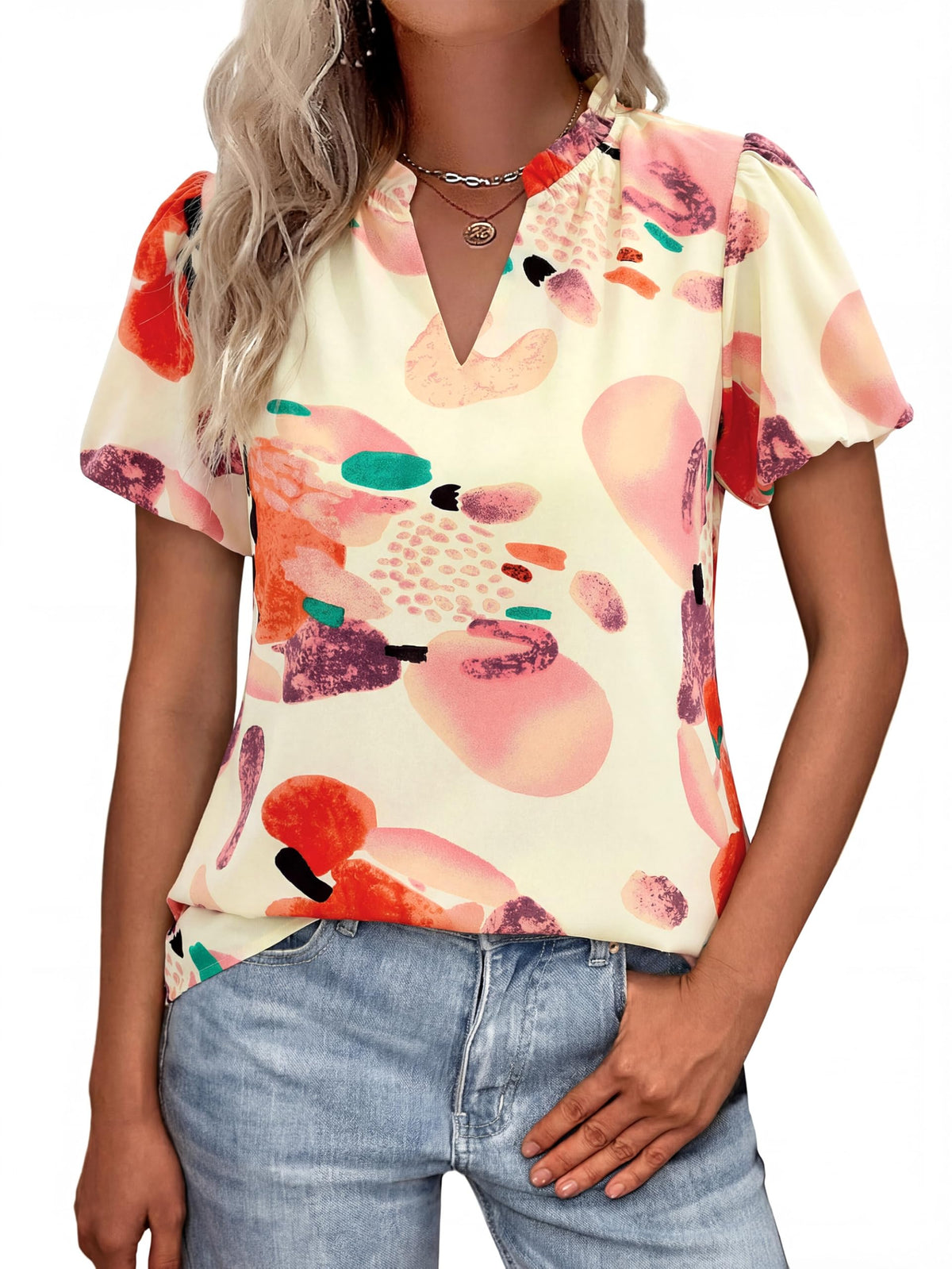 MASCOMODA Boho Short Sleeve Floral Work Blouses for Women Dressy Casual | Puff Sleeve Floral Tops Trendy, Ruffle V Neck, Loose Fit & Lined, Bohemian Top, Chiffon Blouses, Flowy Spring Work Shirts