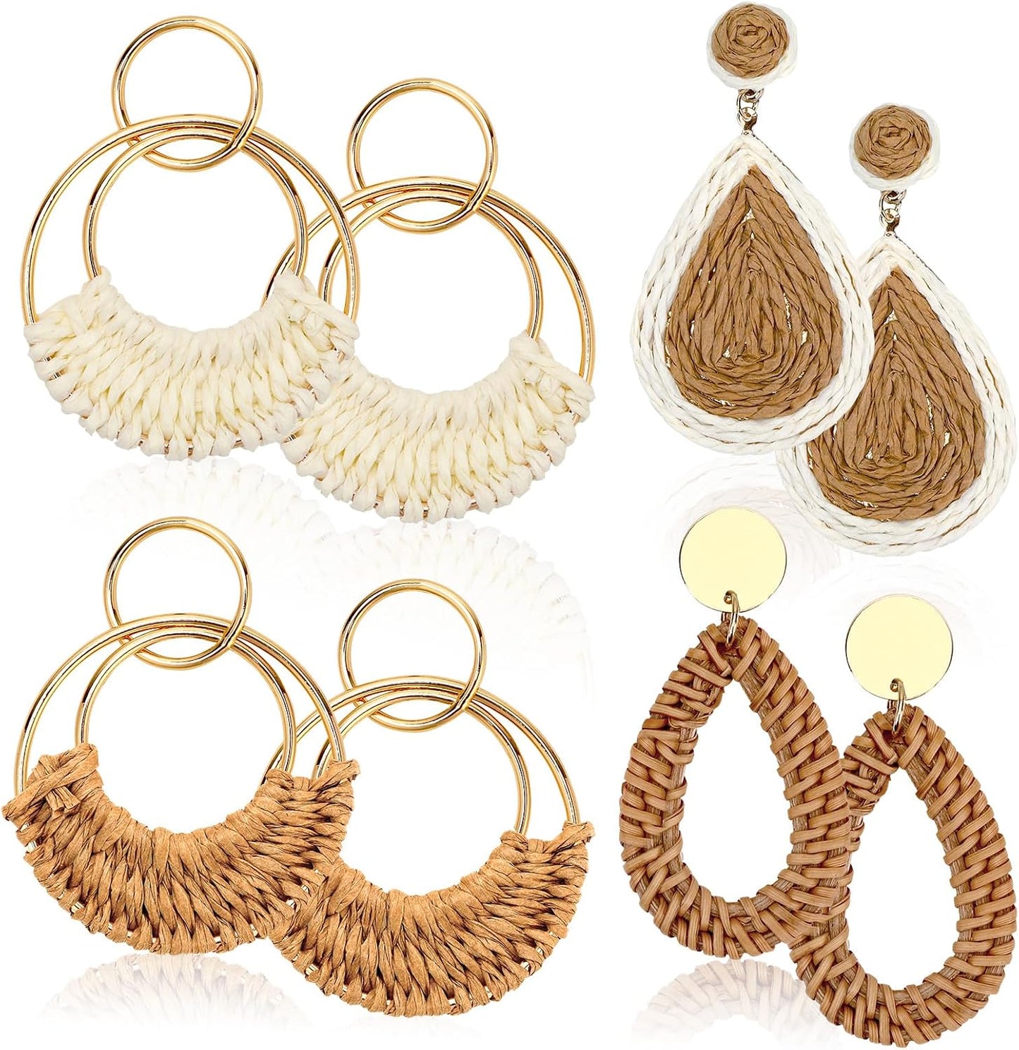 Boho Rattan Earrings for Women, Summer Beach Earrings | Featuring Unique Geometric Circular Teardrop Shaped , Lightweight Woven Pendant Earrings, Summer Beach Wear