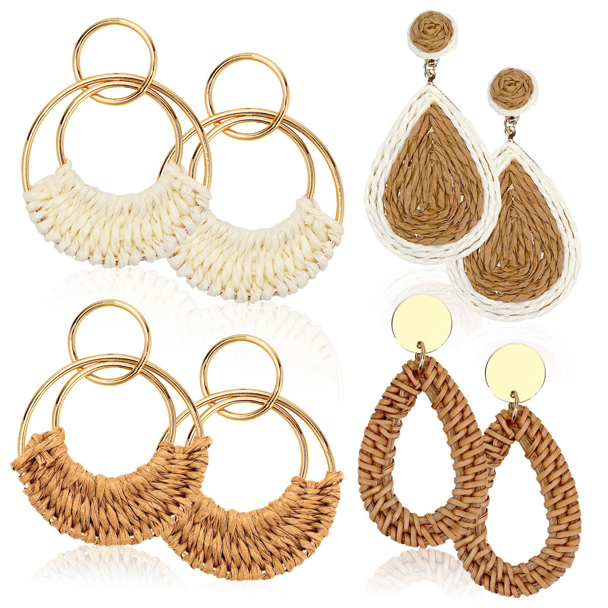 Boho Rattan Earrings for Women, Summer Beach Earrings | Featuring Unique Geometric Circular Teardrop Shaped , Lightweight Woven Pendant Earrings, Summer Beach Wear