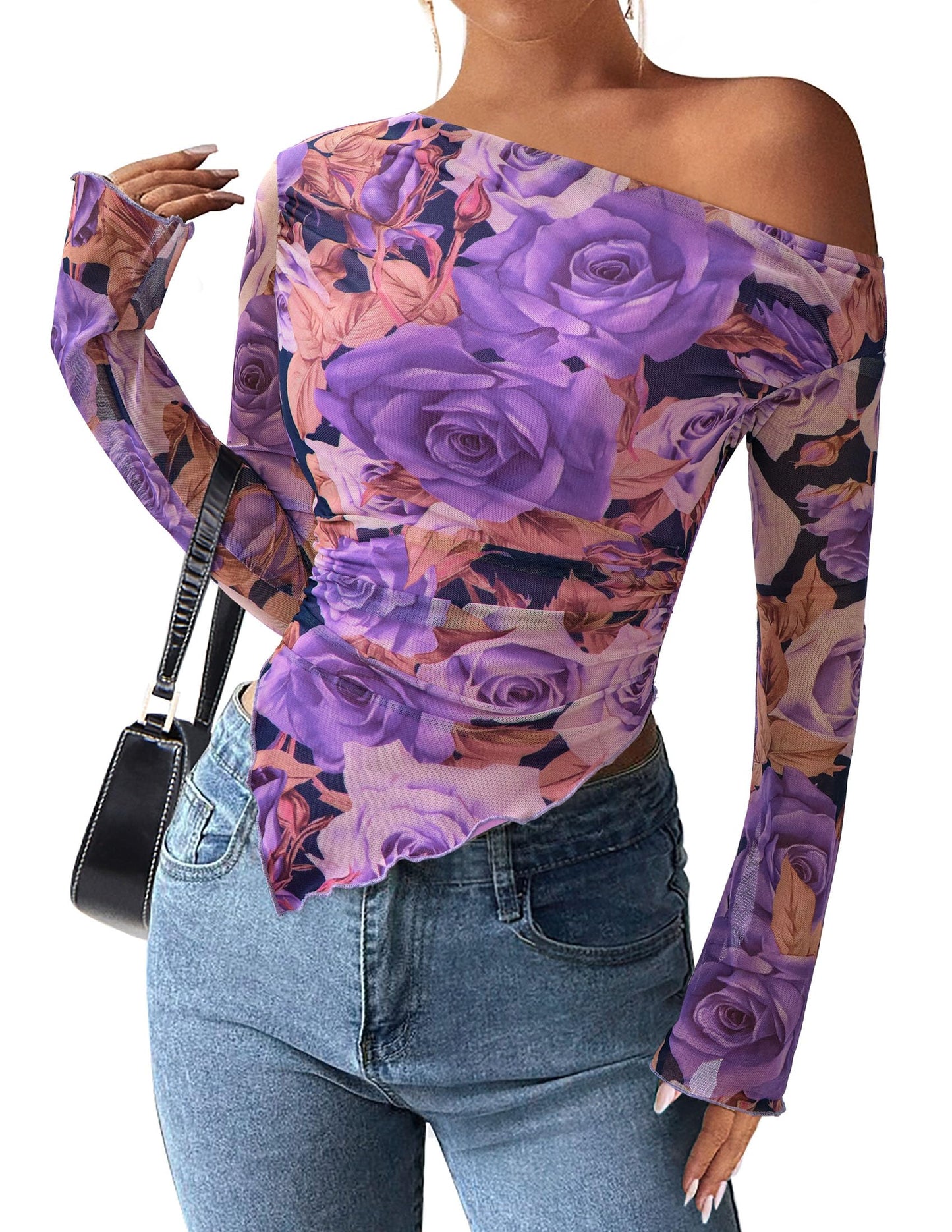 PRETTYGARDEN Womens Off Shoulder Mesh Y2k Tops | Stretchy Fitted Long Sleeve Shirts,Tie Dye Floral Blouse,Double Lined Ruched,Asymmetrical Hem,Going Out Daily Fall Clothes