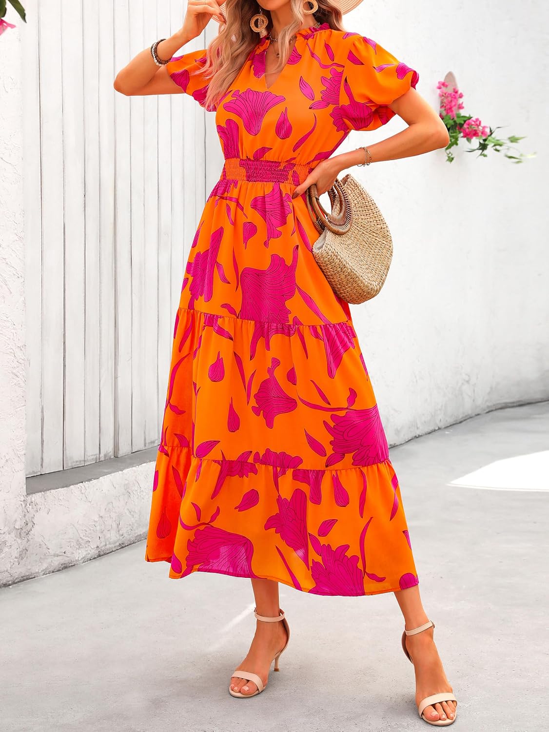 MASCOMODA Summer Maxi Dresses for Women 2026 Short Sleeve Long Floral Dress | Puff Sleeve, Casual V Neck, Smocked Waist, Tiered Ruffle Hem, A line Boho Dresses, Elegant Beach Flowy Long Dress Spring