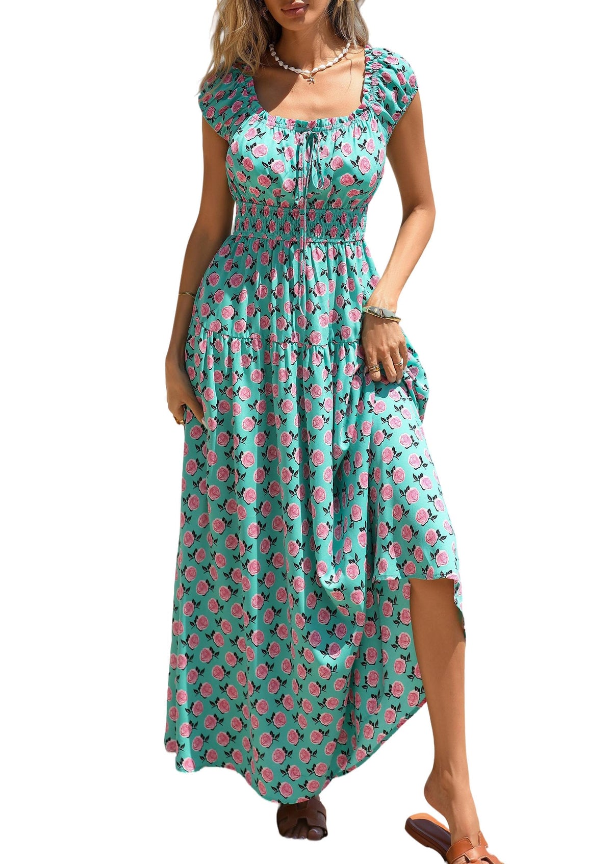 PRETTYGARDEN Women Boho Floral Maxi Sun Dress | Flowy A Line, Smocked Waist, Square Neck, Pockets, Spring Summer Elegant Outfits for Wedding, Beach Vacation, Resort Wear