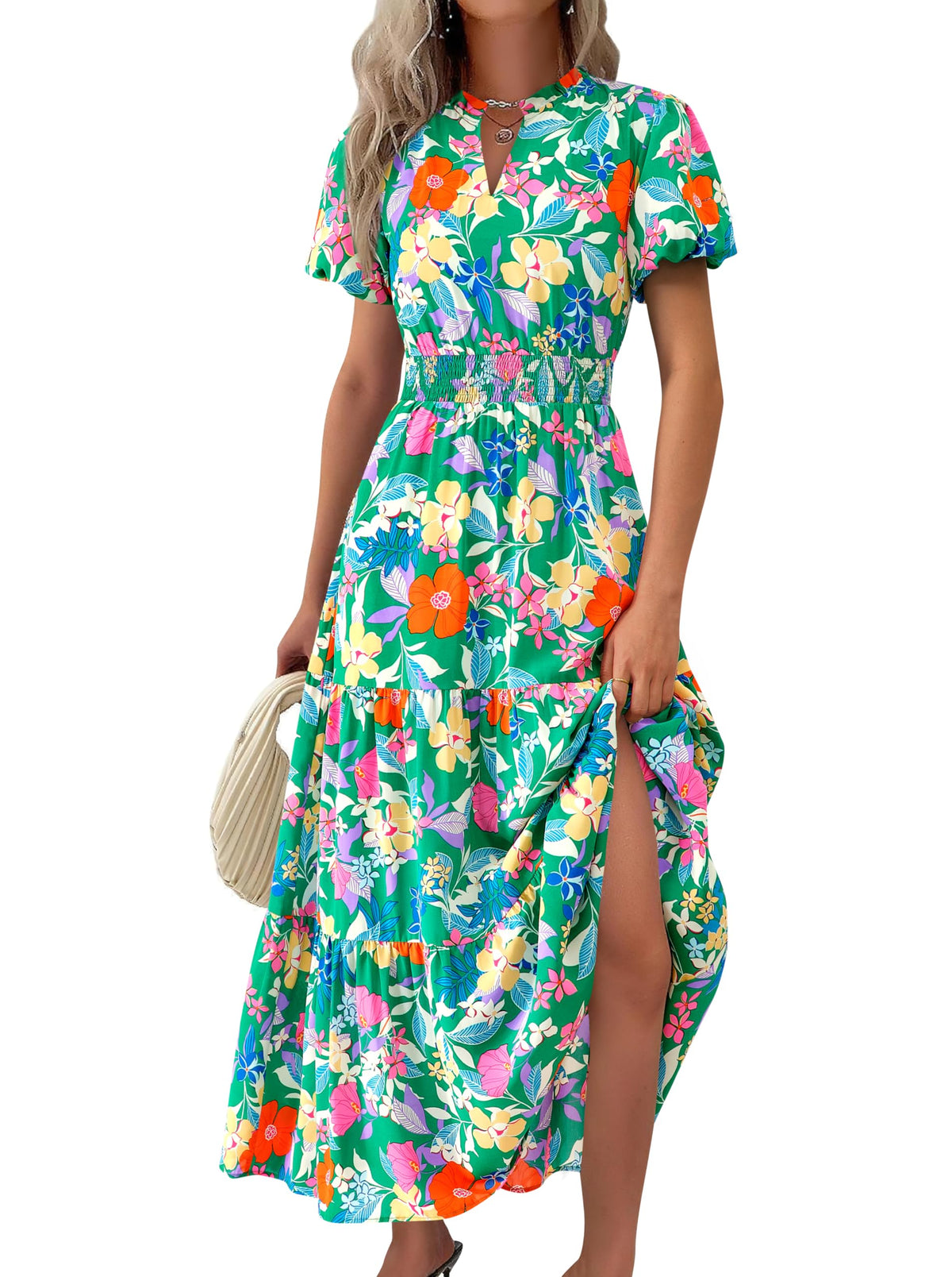 MASCOMODA Summer Maxi Dresses for Women 2026 Short Sleeve Long Floral Dress | Puff Sleeve, Casual V Neck, Smocked Waist, Tiered Ruffle Hem, A line Boho Dresses, Elegant Beach Flowy Long Dress Spring