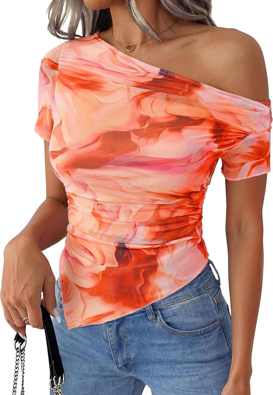 PRETTYGARDEN Mesh Off The Shoulder Tops for Women | Soft Stretchy Knit,Slim Fit Tie Dye Shirt,Double Lined Blouses,Asymmetrical Ruched Y2k Clothes,Summer Beach Vacation Outfits