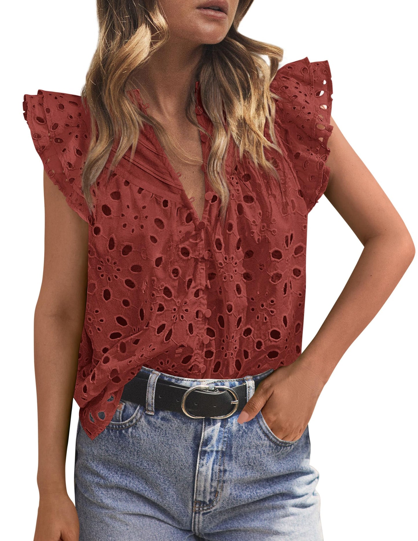 PRETTYGARDEN Women's Eyelet V Neck Summer Tops Dressy Casual | Soft Cotton with Lining,Button Boho Top,Cap Ruffle Sleeve,Hollow Out Embroidered Shirts,Resort Wear,Beach Vacation Clothes