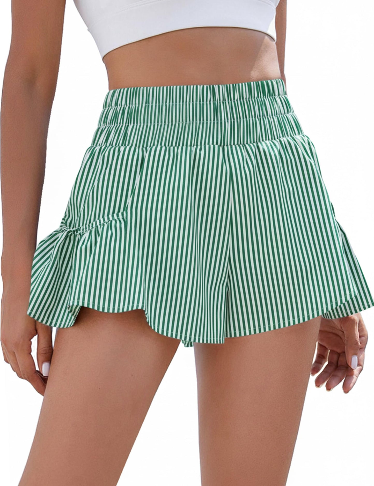 BMJL Womens Athletic Running Shorts 2.5" Flowy High Waisted Ruffle Shorts | workout,gym,two side pockets,elastic high waisted,quick dry fabric,built in liner,solid,gingham,leopard,striped shorts