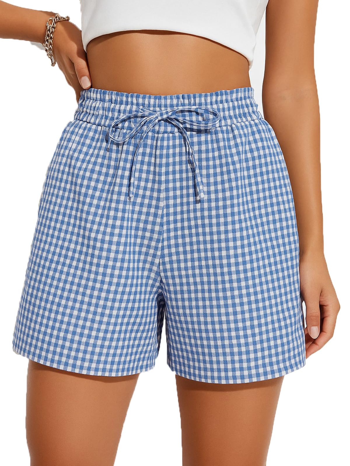 Womens Cotton Striped Gingham Boxer Shorts Checkered Plaid Casual Biker Shorts PJ Pajama Lounge Sleep Summer Beach Vacation