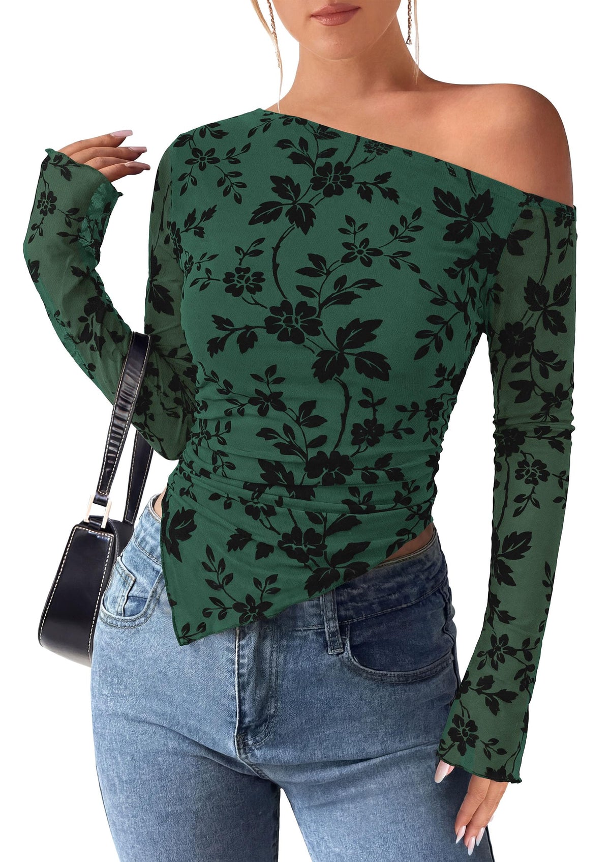 PRETTYGARDEN Womens Off Shoulder Mesh Y2k Tops | Stretchy Fitted Long Sleeve Shirts,Tie Dye Floral Blouse,Double Lined Ruched,Asymmetrical Hem,Going Out Daily Fall Clothes