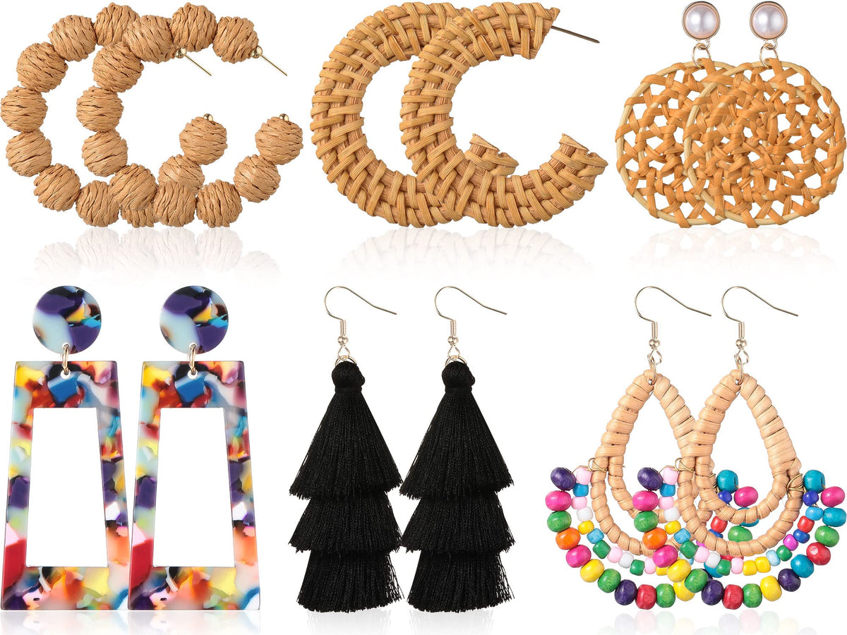 Hicarer 6 Pair Boho Rattan Earrings for Women | Straw Tassel Geometric, Summer Party Jewelry, Light Dangle Style, Beach Outfits, Vacation Looks, Boho Accessories