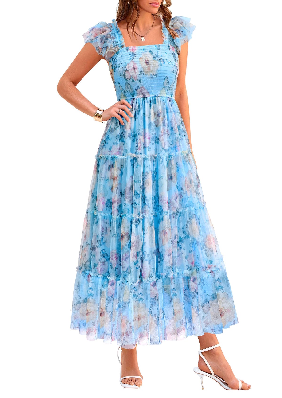 PRETTYGARDEN Women's Summer Smocked Midi Tulle Dress | Sleeveless Square Neck A Line, Flowy Tiered Mesh, Spring Semi Formal Wedding Guest Outfits, Homecoming Prom Party Dresses