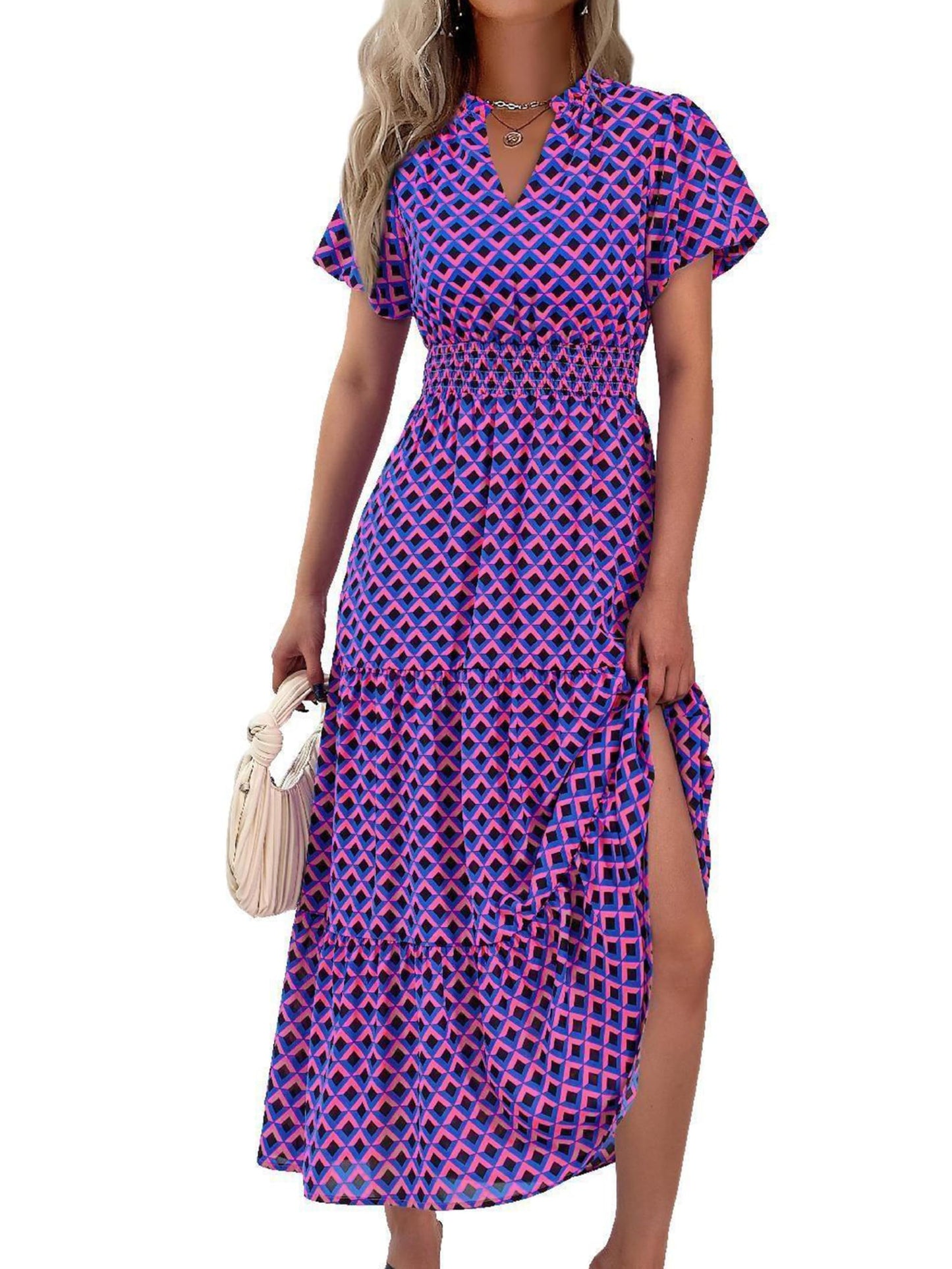 MASCOMODA Summer Maxi Dresses for Women 2026 Short Sleeve Long Floral Dress | Puff Sleeve, Casual V Neck, Smocked Waist, Tiered Ruffle Hem, A line Boho Dresses, Elegant Beach Flowy Long Dress Spring