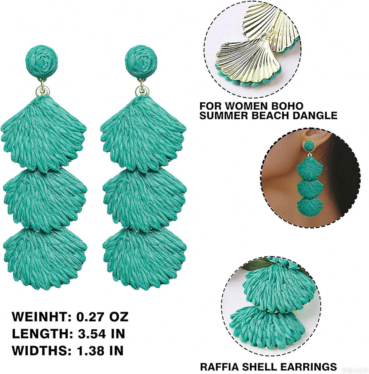 Raffia Dangle Earrings for Women - Boho Statement Rattan Drop Jewelry with Shell Design, Lightweight Summer Beach Trendy Accessories