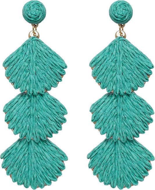 Raffia Dangle Earrings for Women - Boho Statement Rattan Drop Jewelry with Shell Design, Lightweight Summer Beach Trendy Accessories