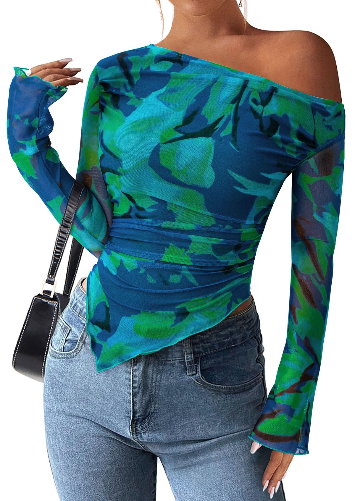 PRETTYGARDEN Womens Off Shoulder Mesh Y2k Tops | Stretchy Fitted Long Sleeve Shirts,Tie Dye Floral Blouse,Double Lined Ruched,Asymmetrical Hem,Going Out Daily Fall Clothes