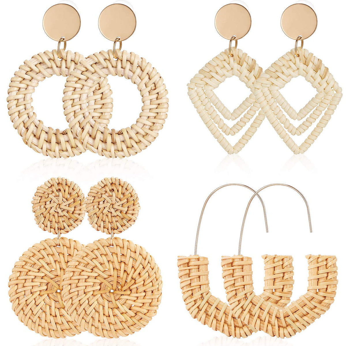 meekoo 4 Pairs Handmade Rattan Earrings for Women, Boho Straw Dangle Statement Earrings for Beach Vacation Summer Jewelry