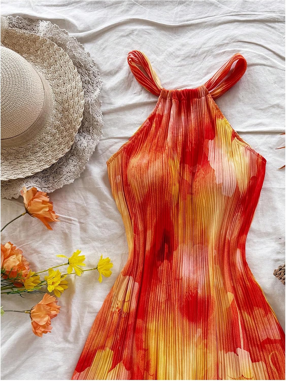 Floerns Women's Flower Print Halter Dress Sleeveless Pleated Boho Mini Dresses
