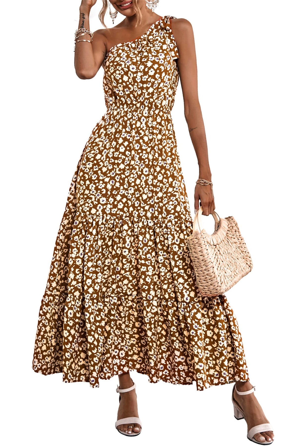 PRETTYGARDEN Women's One Shoulder Boho Floral Maxi Dress | Sleeveless Tiered A Line, Long Flowy Sundress, Tie Knot Summer Vacation Dresses, Spring Wedding Guest Outfits for Beach Party