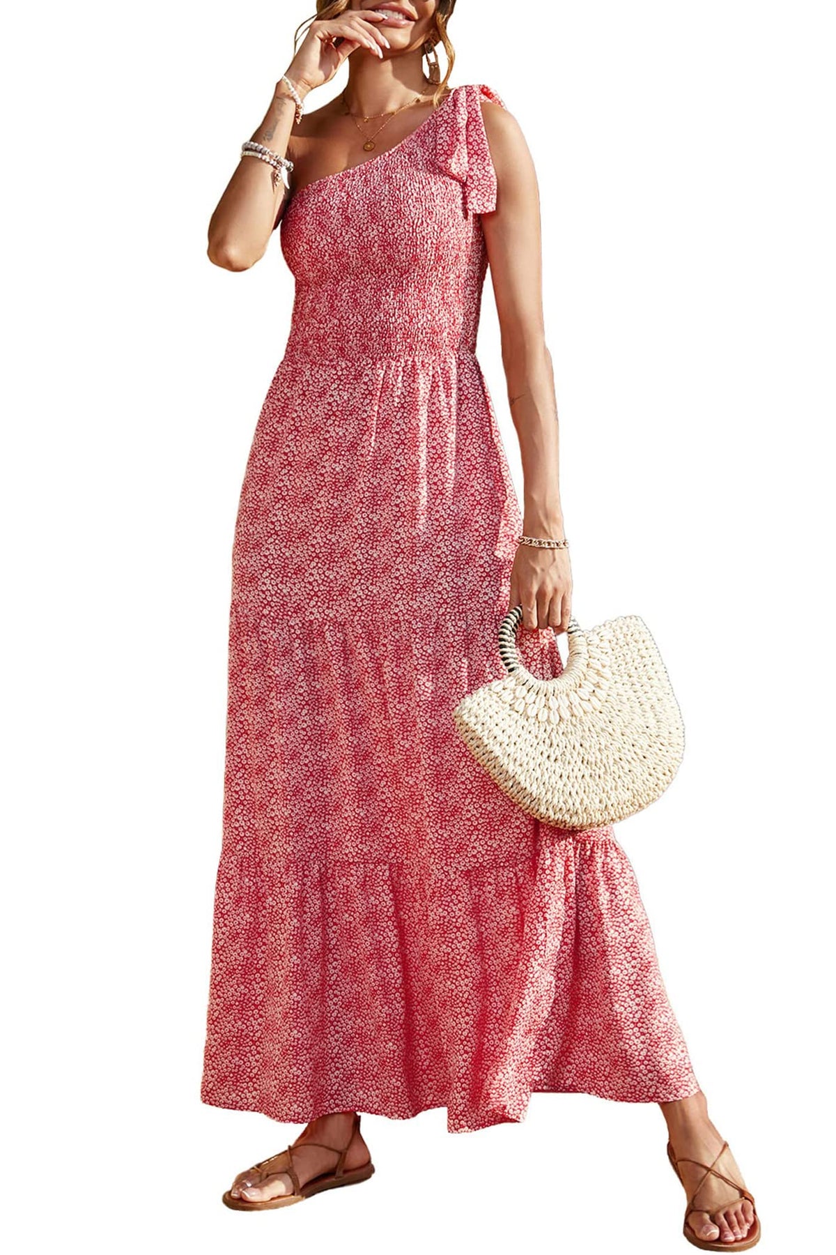 PRETTYGARDEN Women's One Shoulder Boho Floral Maxi Dress | Sleeveless Tiered A Line, Long Flowy Sundress, Tie Knot Summer Vacation Dresses, Spring Wedding Guest Outfits for Beach Party