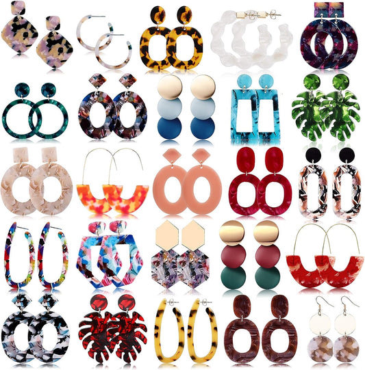 25 Pairs Acrylic Resin Statement Earrings Set for Women Mottled Hoop Fashion Drop Dangle Jewelry Hypoallergenic for Sensitive Ears