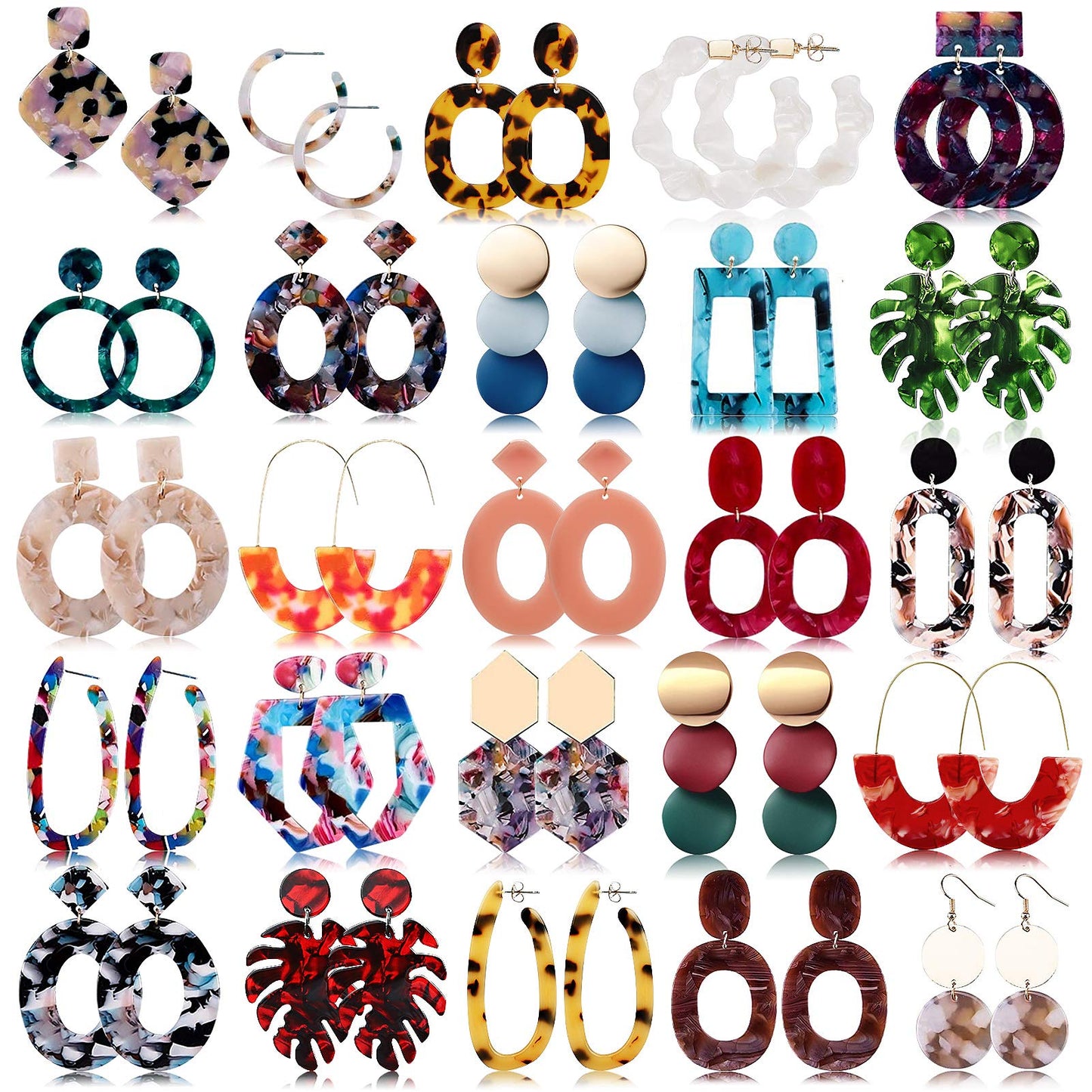 25 Pairs Acrylic Resin Statement Earrings Set for Women Mottled Hoop Fashion Drop Dangle Jewelry Hypoallergenic for Sensitive Ears