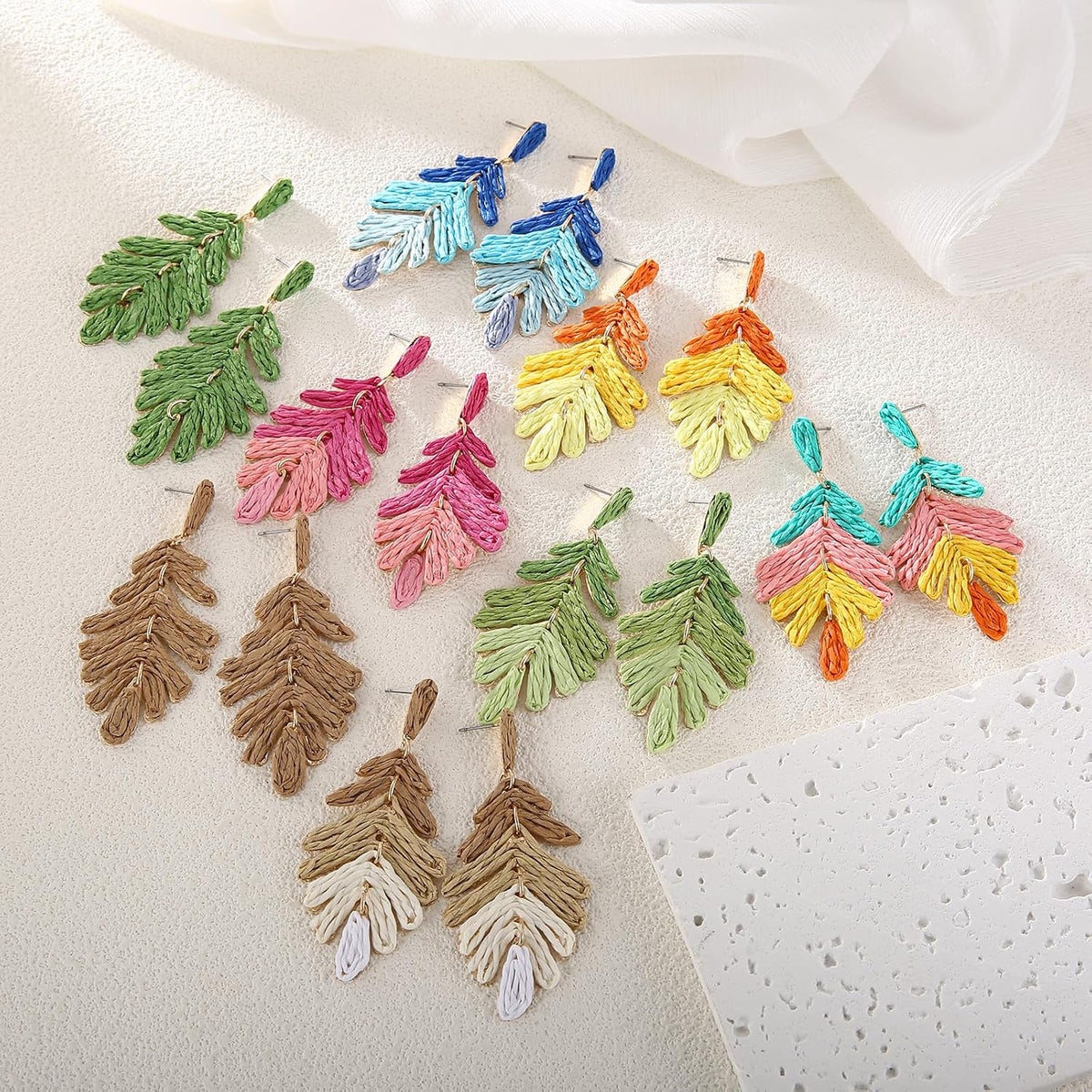 RUOFFETA Raffia Long Palm Leaf Earrings, Colorful Handmade Rattan Leaf Drop Dangle Earrings Summer Tropical Beach Jewelry