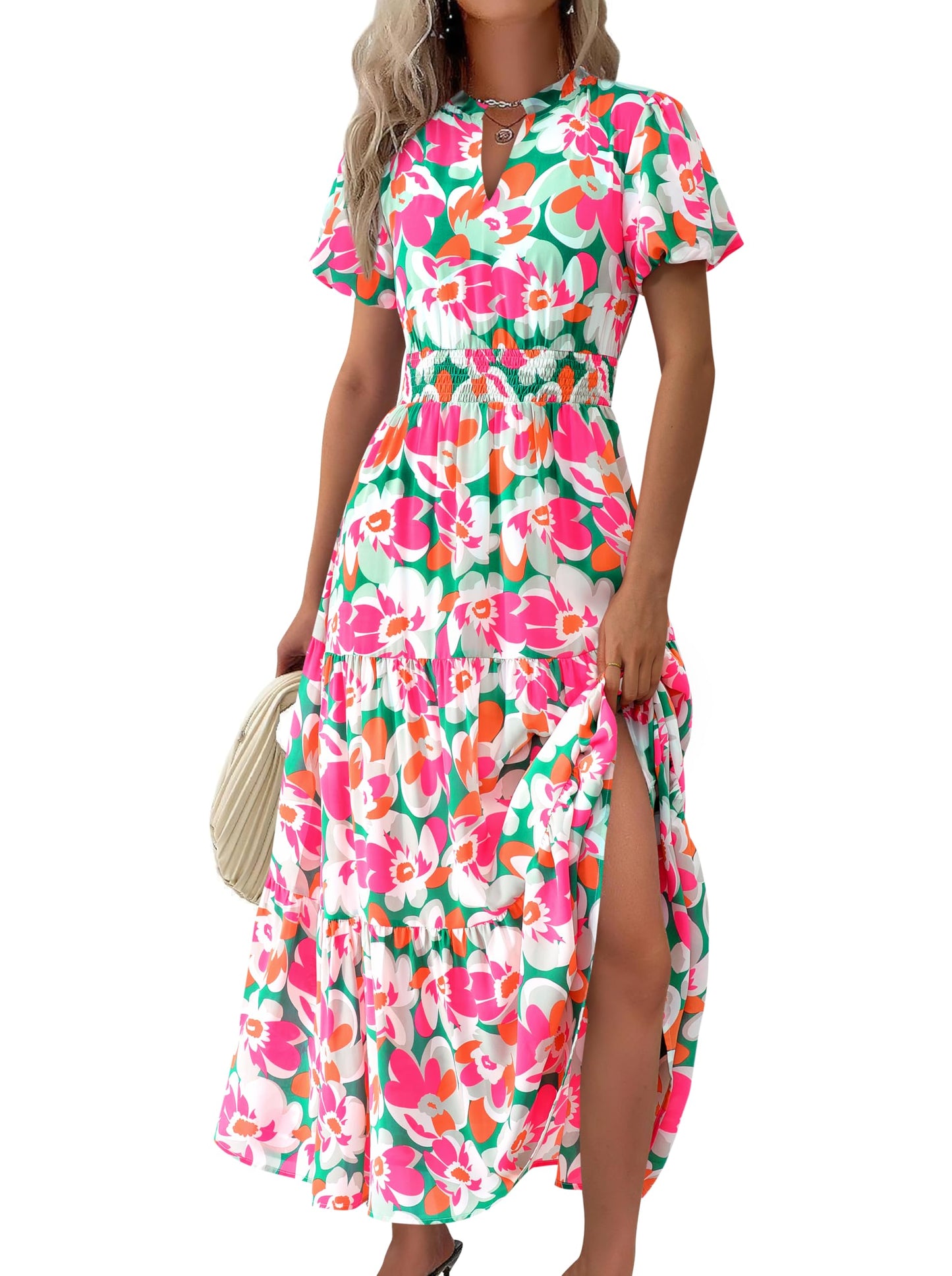MASCOMODA Summer Maxi Dresses for Women 2026 Short Sleeve Long Floral Dress | Puff Sleeve, Casual V Neck, Smocked Waist, Tiered Ruffle Hem, A line Boho Dresses, Elegant Beach Flowy Long Dress Spring