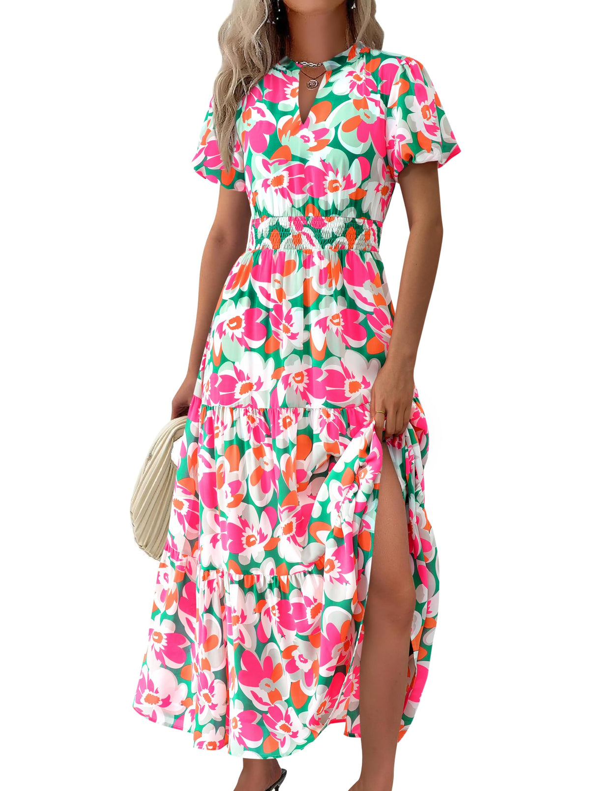 MASCOMODA Summer Maxi Dresses for Women 2026 Short Sleeve Long Floral Dress | Puff Sleeve, Casual V Neck, Smocked Waist, Tiered Ruffle Hem, A line Boho Dresses, Elegant Beach Flowy Long Dress Spring