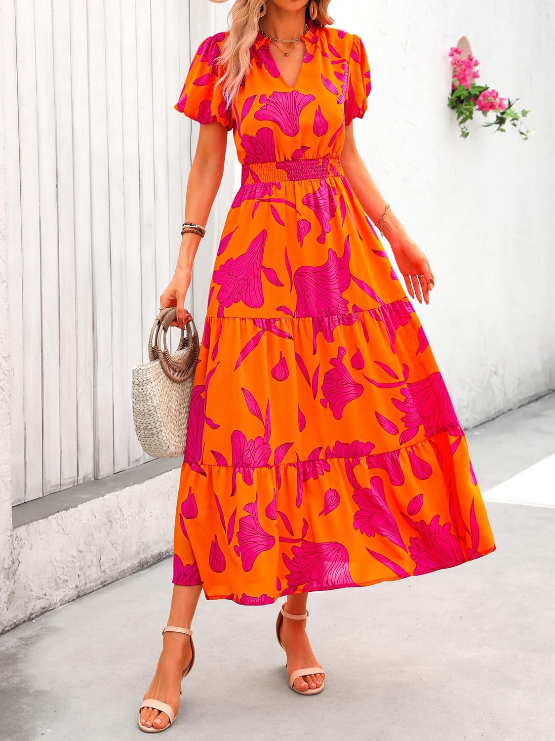 MASCOMODA Summer Maxi Dresses for Women 2026 Short Sleeve Long Floral Dress | Puff Sleeve, Casual V Neck, Smocked Waist, Tiered Ruffle Hem, A line Boho Dresses, Elegant Beach Flowy Long Dress Spring