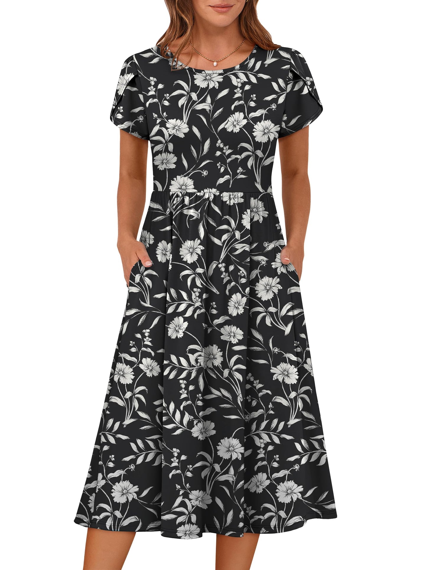ANRABESS Women's Summer Short Sleeve A-Line Midi Dresses Casual Floral T-Shirt Dresses Flowy Beach Sundress with Pockets