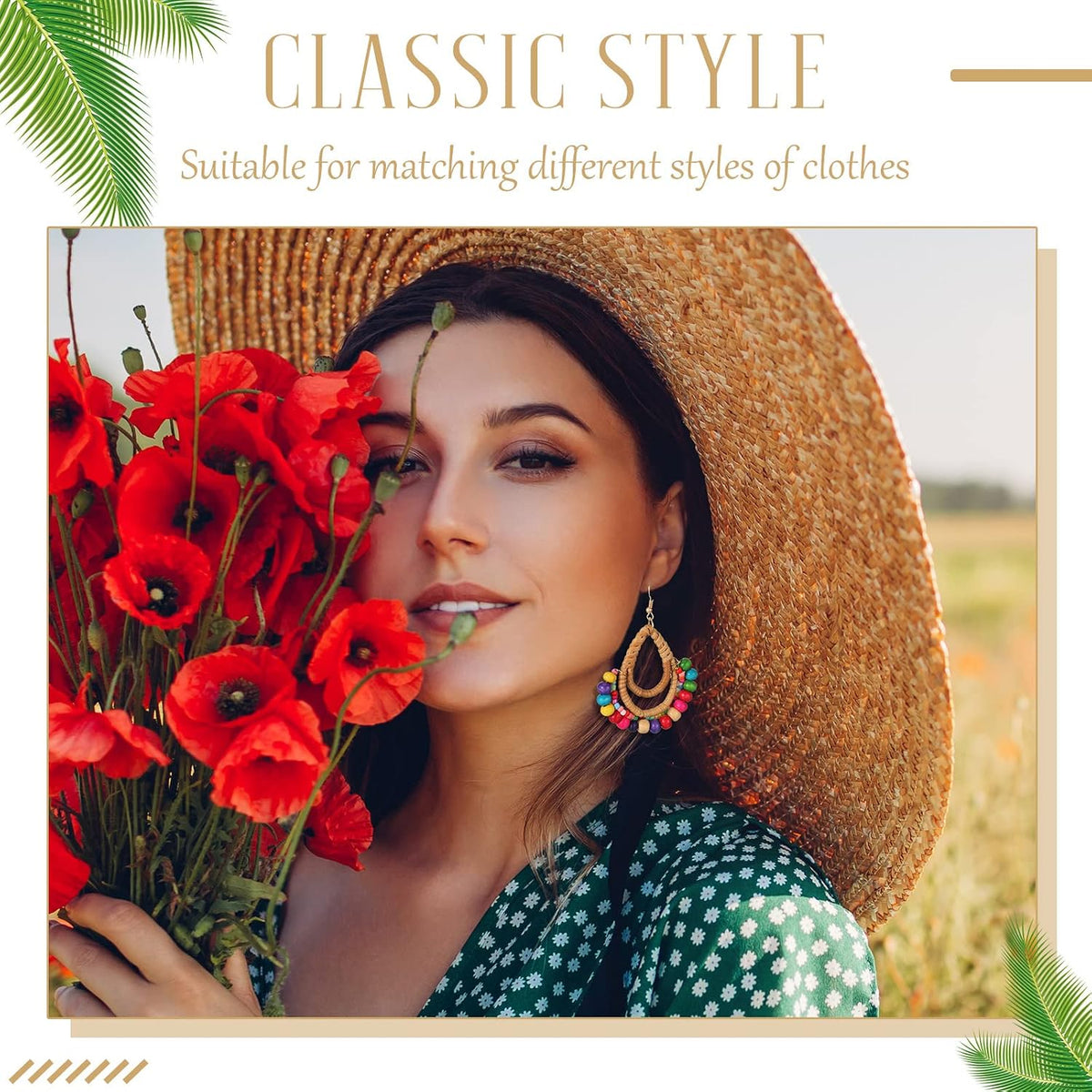 Hicarer 6 Pair Boho Rattan Earrings for Women | Straw Tassel Geometric, Summer Party Jewelry, Light Dangle Style, Beach Outfits, Vacation Looks, Boho Accessories