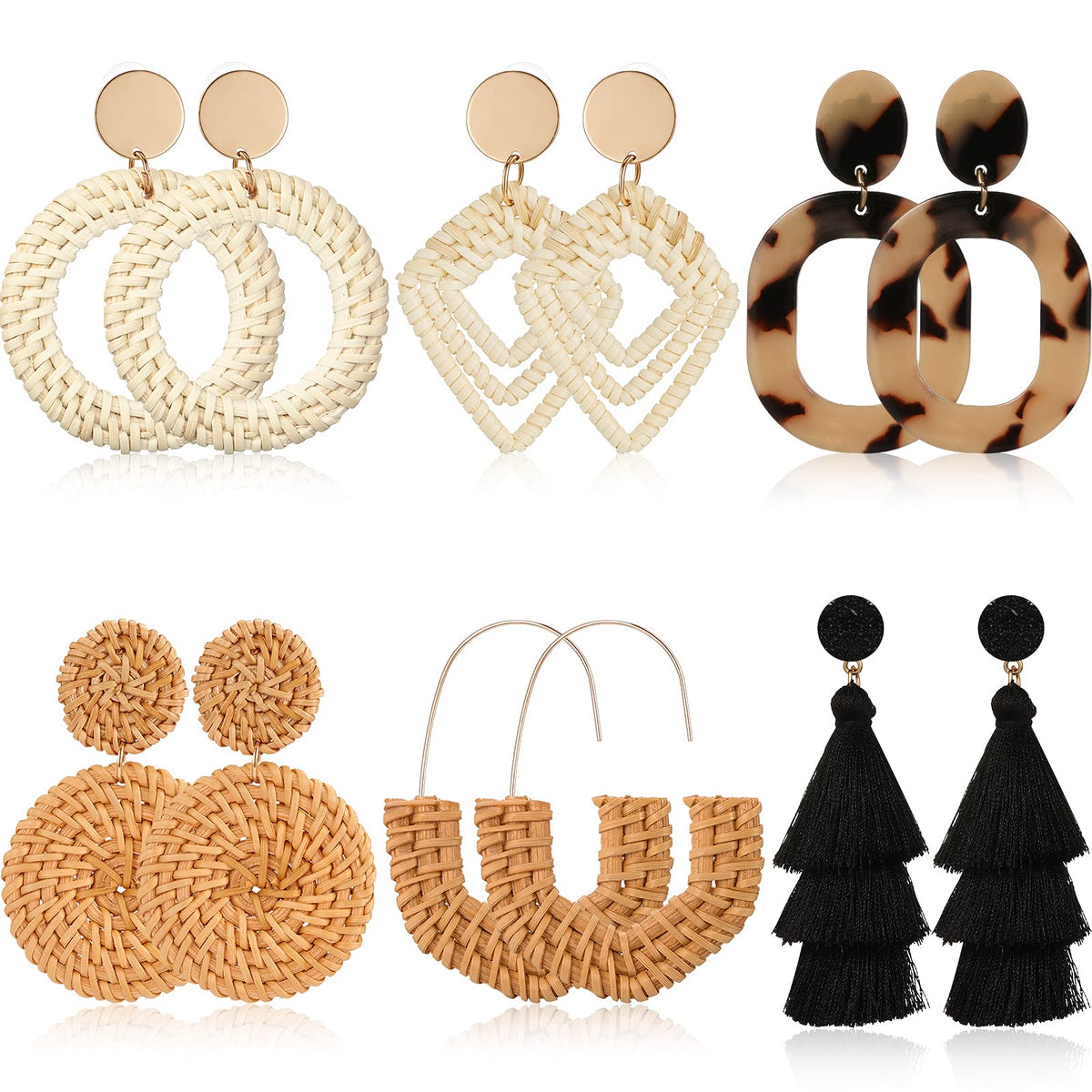 Hicarer 6 Pair Boho Rattan Earrings for Women | Straw Tassel Geometric, Summer Party Jewelry, Light Dangle Style, Beach Outfits, Vacation Looks, Boho Accessories