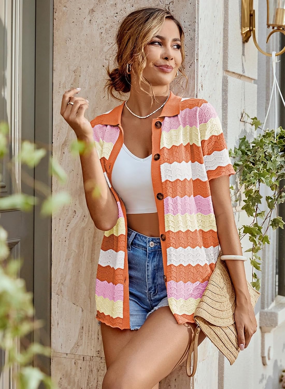 Pink Queen Women Knit Shorts Set 2 Piece Outfits Short Sleeve Button Down Sweater Top and Shorts Lounge Set
