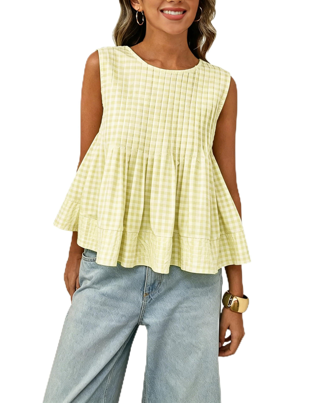 Megfie Womens Summer Pleated Peplum Sleeveless Blouse Tank Tops Round Neck Y2K Babydoll Blouse Shirt