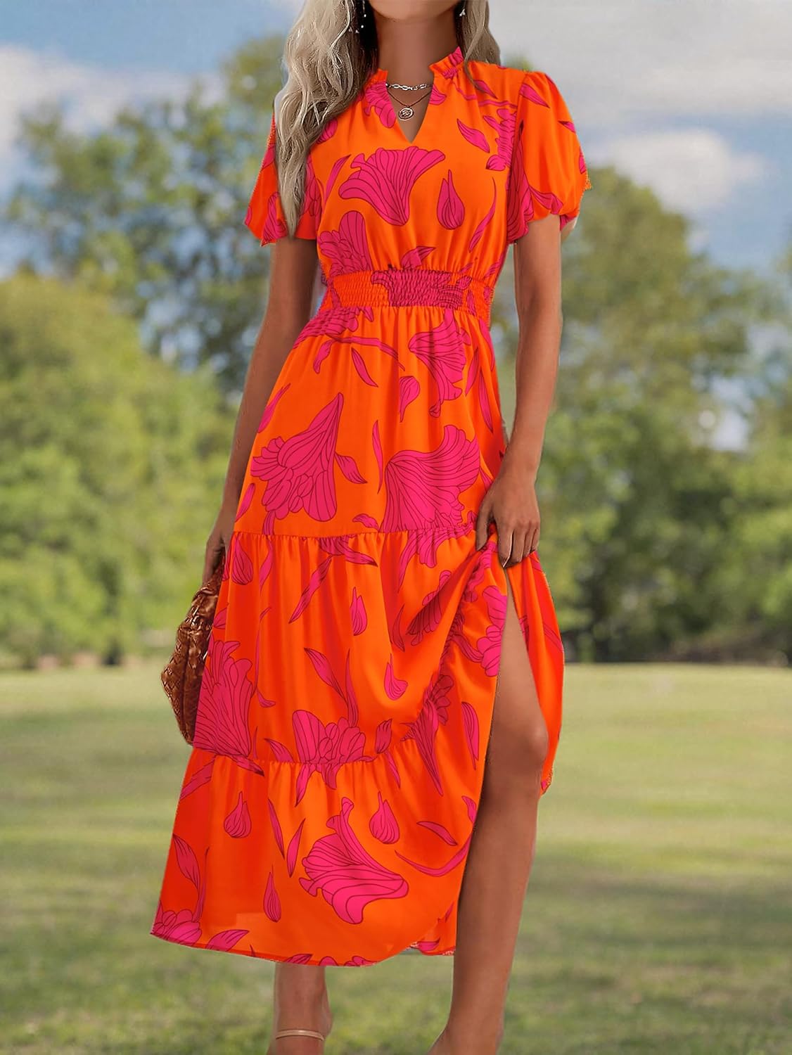 MASCOMODA Summer Maxi Dresses for Women 2026 Short Sleeve Long Floral Dress | Puff Sleeve, Casual V Neck, Smocked Waist, Tiered Ruffle Hem, A line Boho Dresses, Elegant Beach Flowy Long Dress Spring