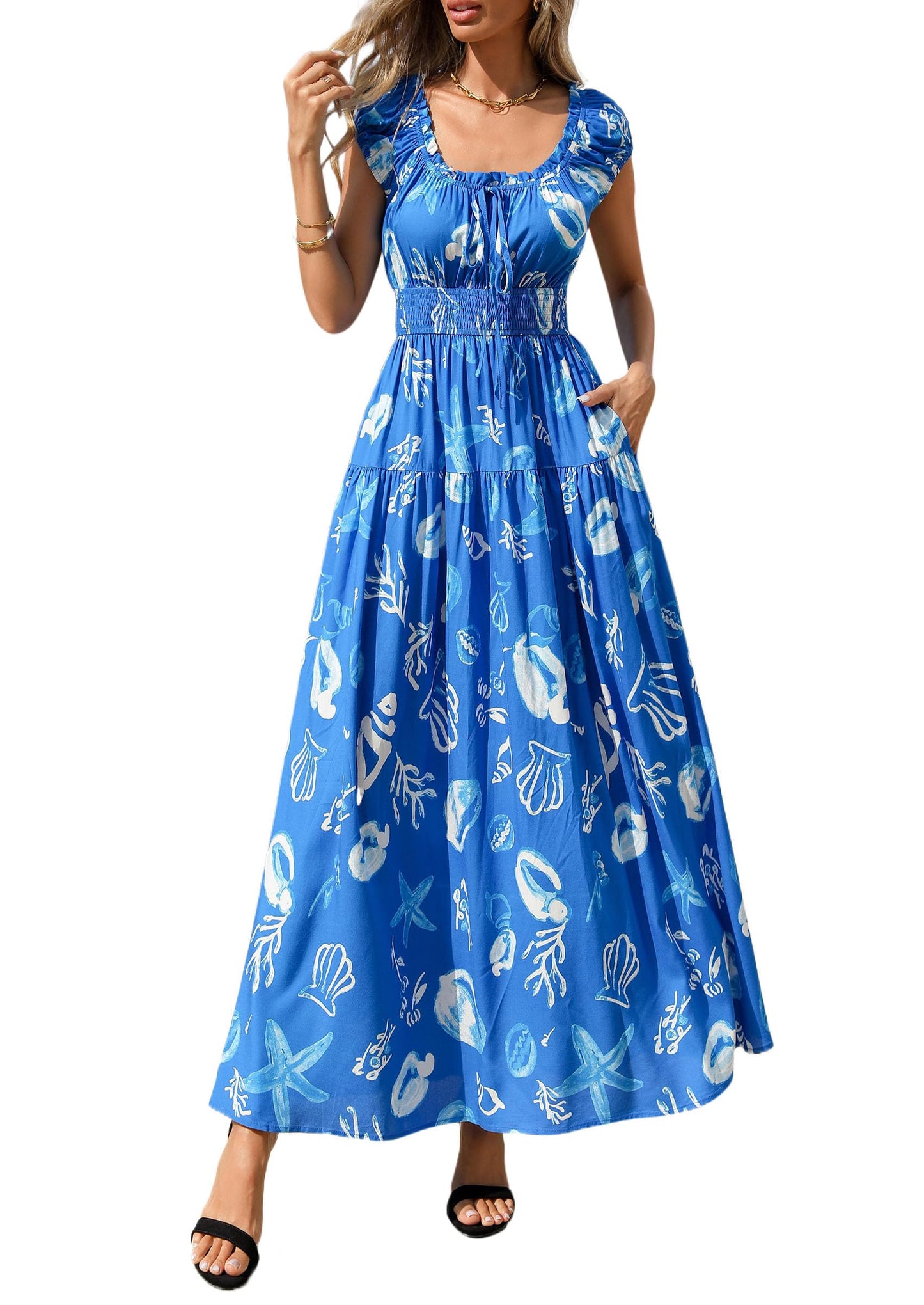 PRETTYGARDEN Women Boho Floral Maxi Sun Dress | Flowy A Line, Smocked Waist, Square Neck, Pockets, Spring Summer Elegant Outfits for Wedding, Beach Vacation, Resort Wear