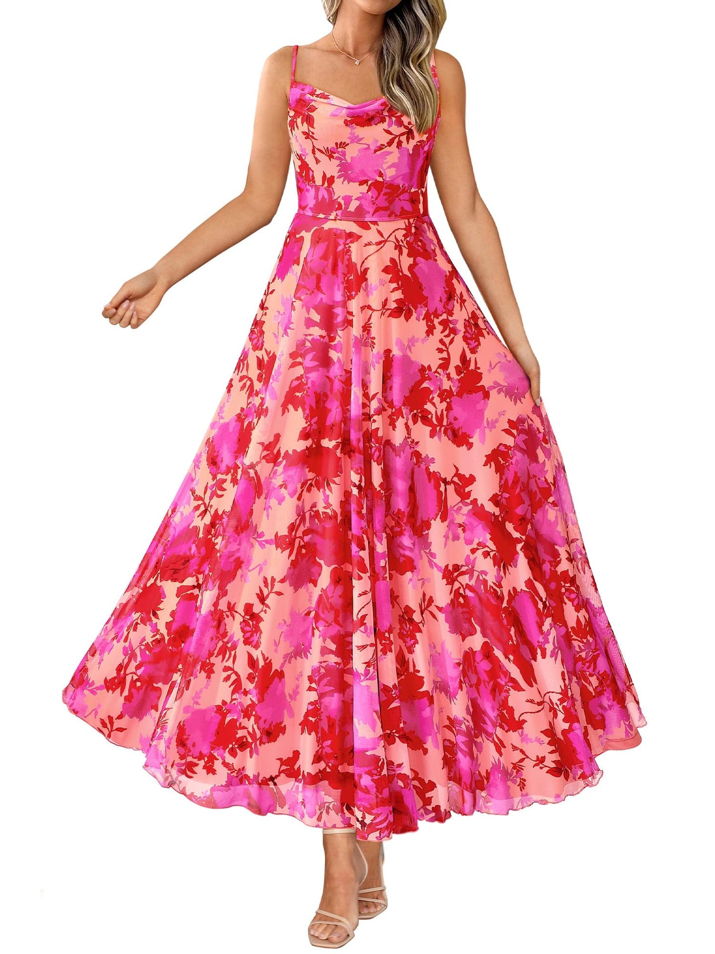 BTFBM Women Summer Maxi Dresses Elegant Wedding Guest Dress | Cowl Neck,Spaghetti Strap,Mesh,Floral,A-Line,Flowy,Party,Cocktail,Homecoming,Graduation,Sundress,Prom,Beach Long Dresses