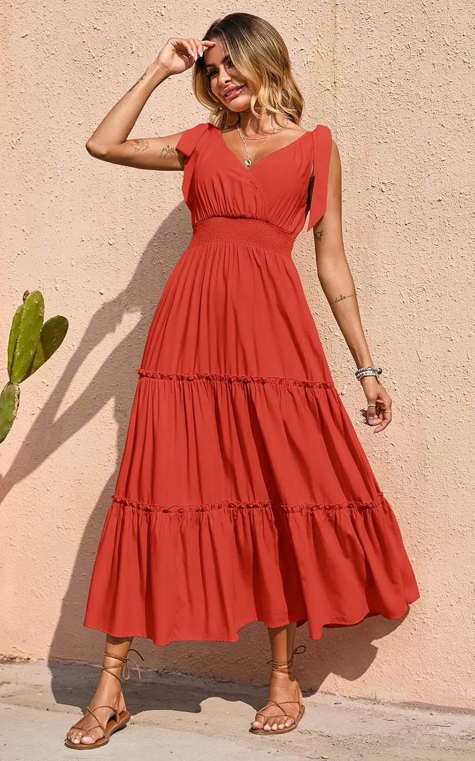 PRETTYGARDEN Women's Cross Neck Summer Sleeveless Tiered Maxi Dress Beach Tie Strap Smocked Long Dresses Pleated Sundress
