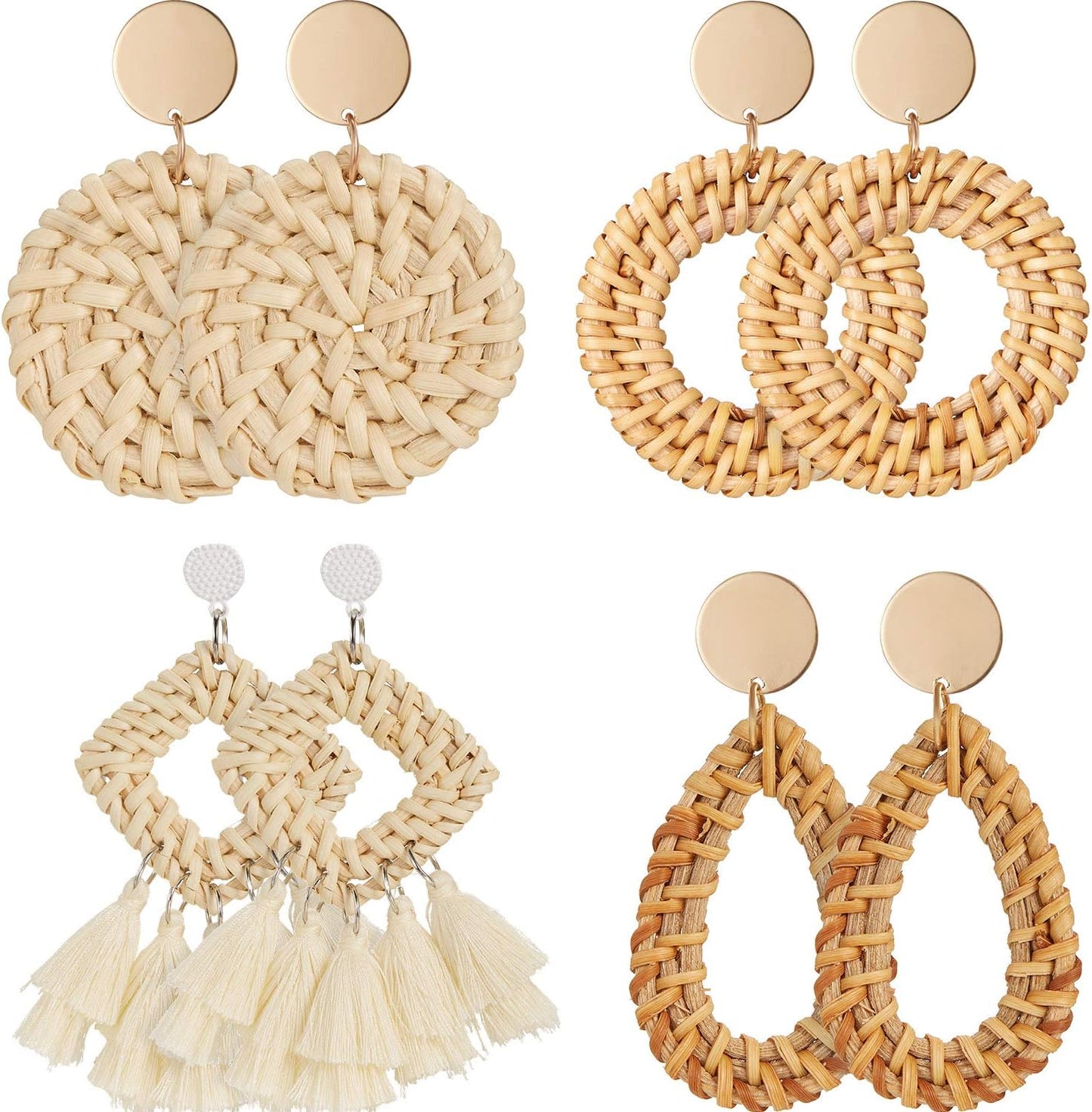 meekoo 4 Pairs Handmade Rattan Earrings for Women, Boho Straw Dangle Statement Earrings for Beach Vacation Summer Jewelry