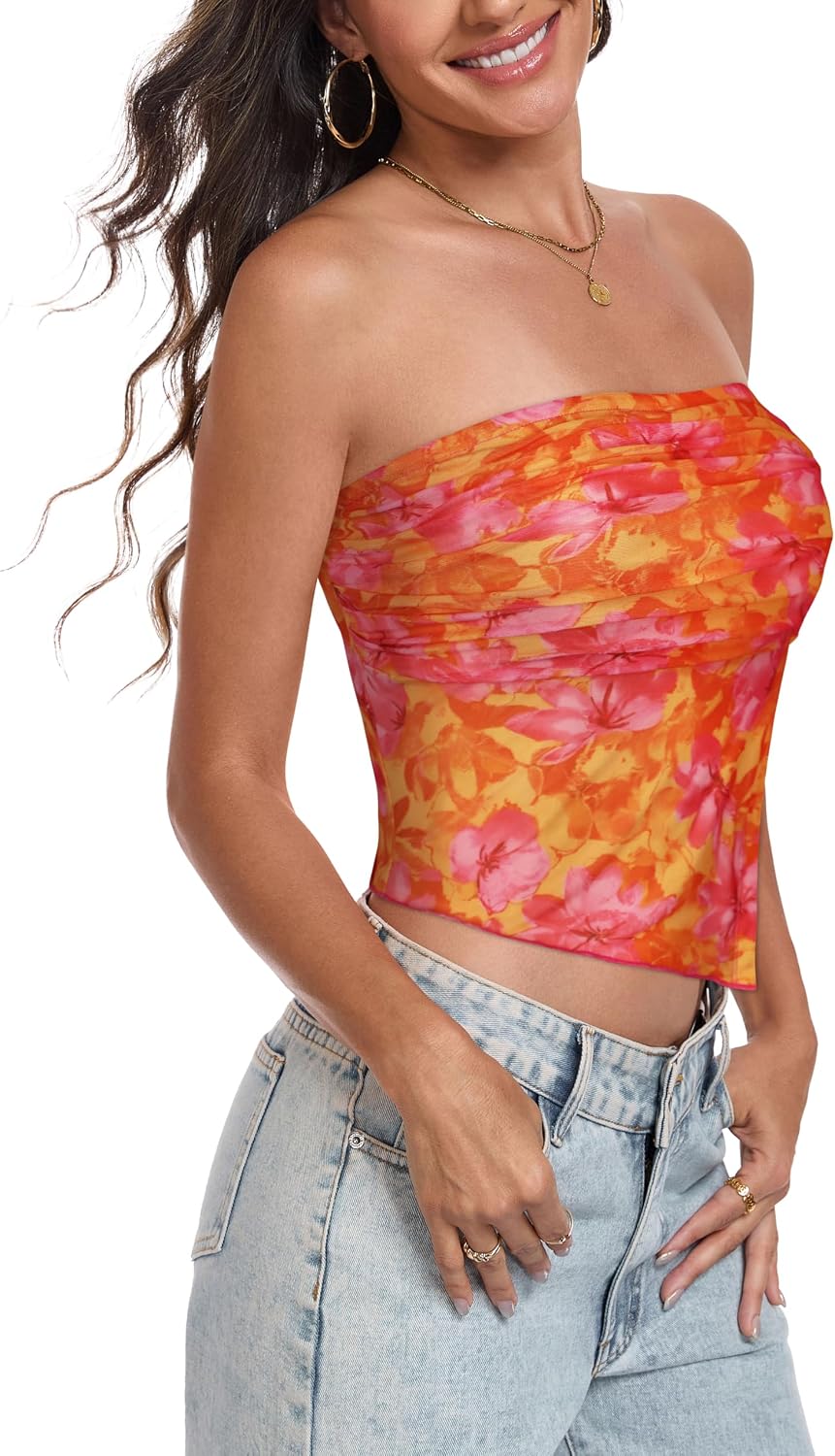 Womens Tube Top Strapless Mesh Asymmetrical Hem Crop Tops Summer Bandeau | Cute summer tops, Basic short shirts, Going out top, Y2k style, Vacation outfits